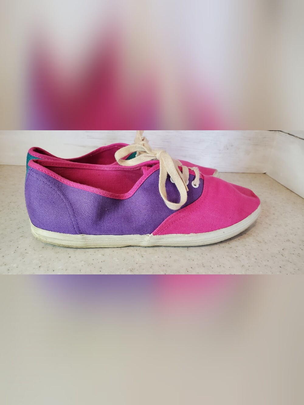 Vintage 90s Womens Size 8 Colorblock Canvas Sneakers Pink Purple Teal Lace Up - Picture 2 of 6